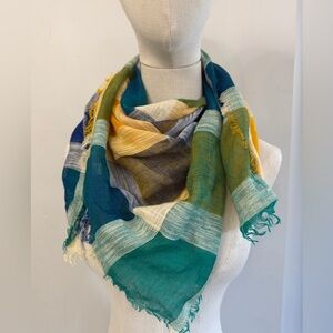 Vintage Ben Goodman Women’s Blue Yellow Plaid Fringe Scarf